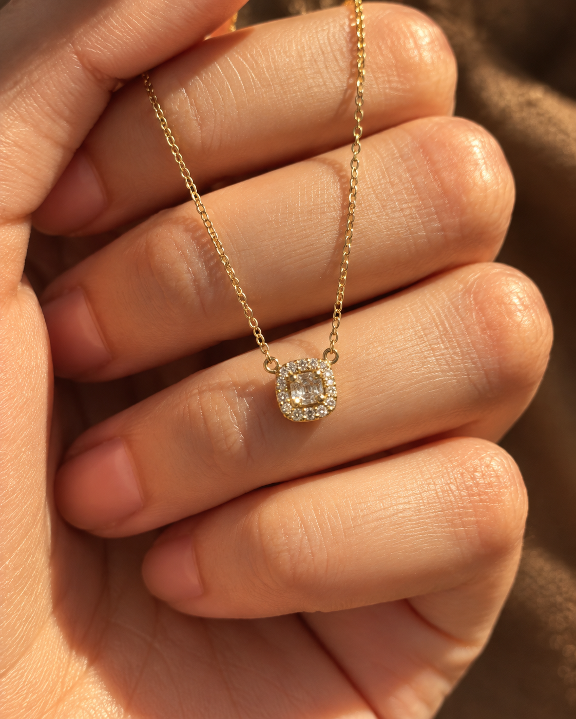 Gold Cushion-Cut Solitaire Necklace