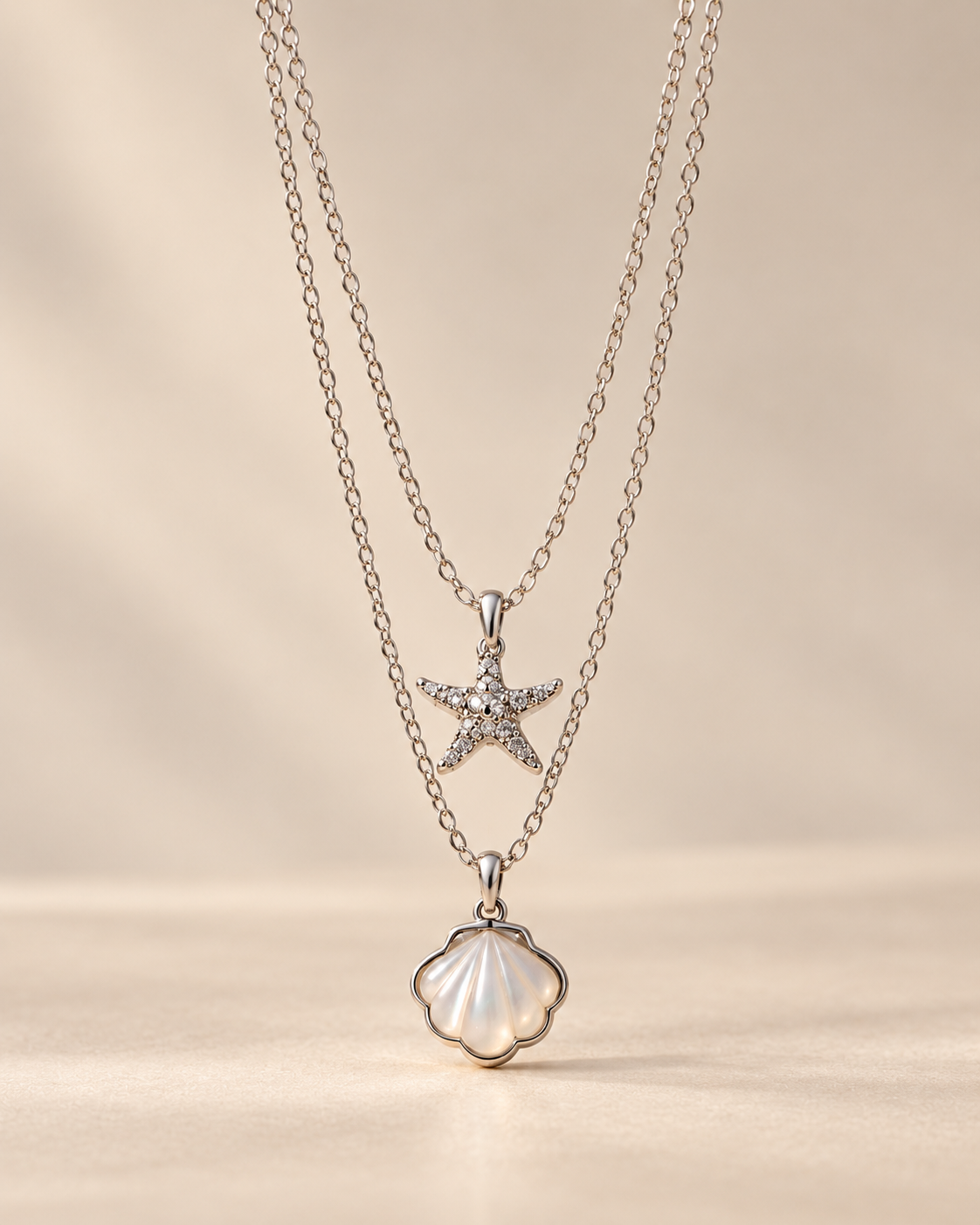 Layered Silver Starfish & Seashell Necklace