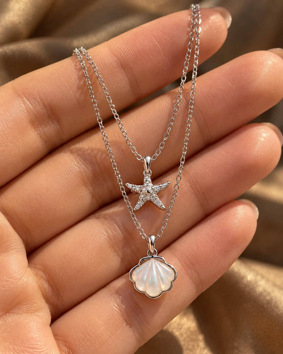 Layered Silver Starfish & Seashell Necklace
