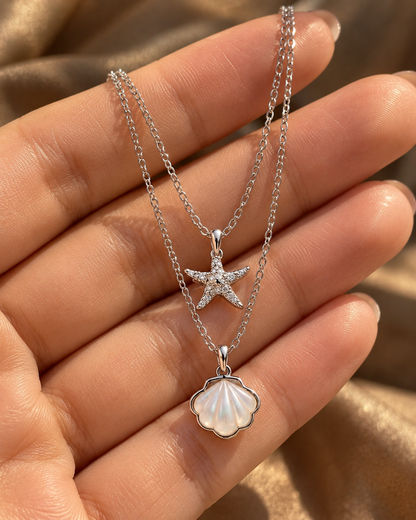 Layered Silver Starfish & Seashell Necklace