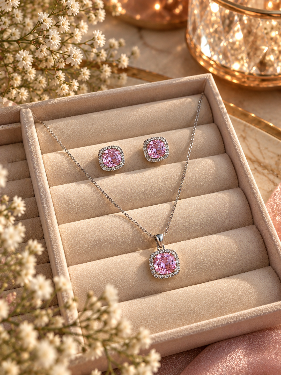 Blush Pink Cushion Halo Jewelry Set