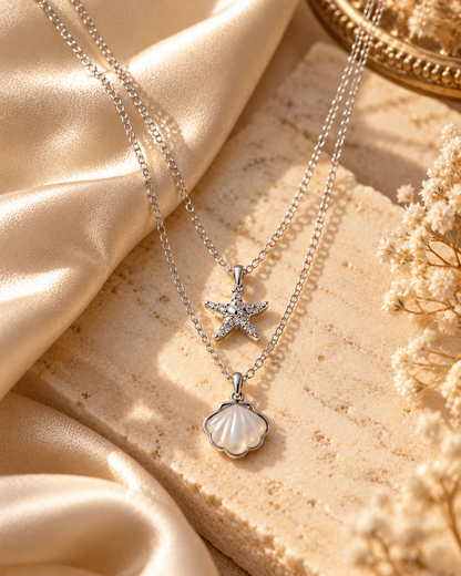 Layered Silver Starfish & Seashell Necklace