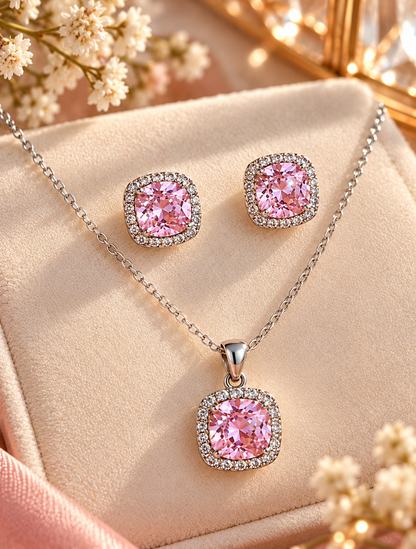 Blush Pink Cushion Halo Jewelry Set