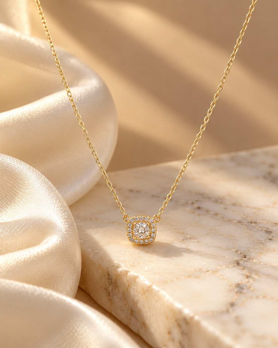 Gold Cushion-Cut Solitaire Necklace
