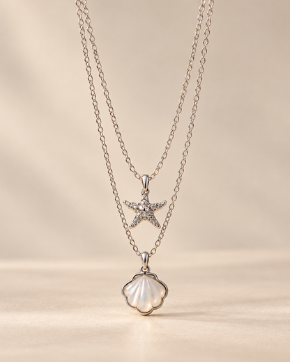 Layered Silver Starfish & Seashell Necklace