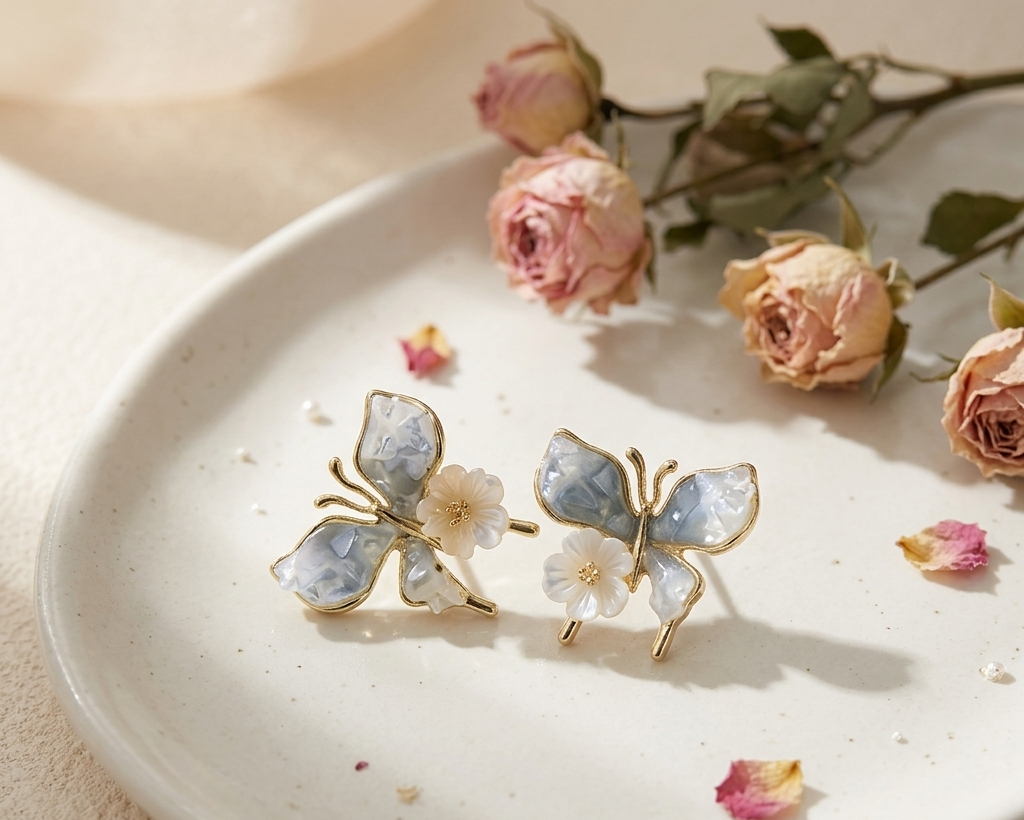Gold Plated Butterfly And Flower Stud Earrings